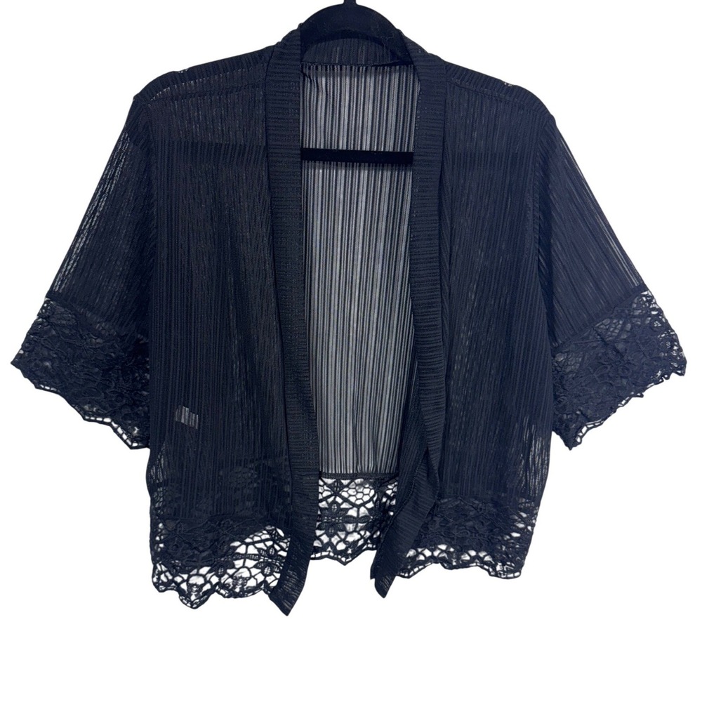 Boho Women's XL Black‎ Cardigan Sheer Lace Trim Open Front Kimono